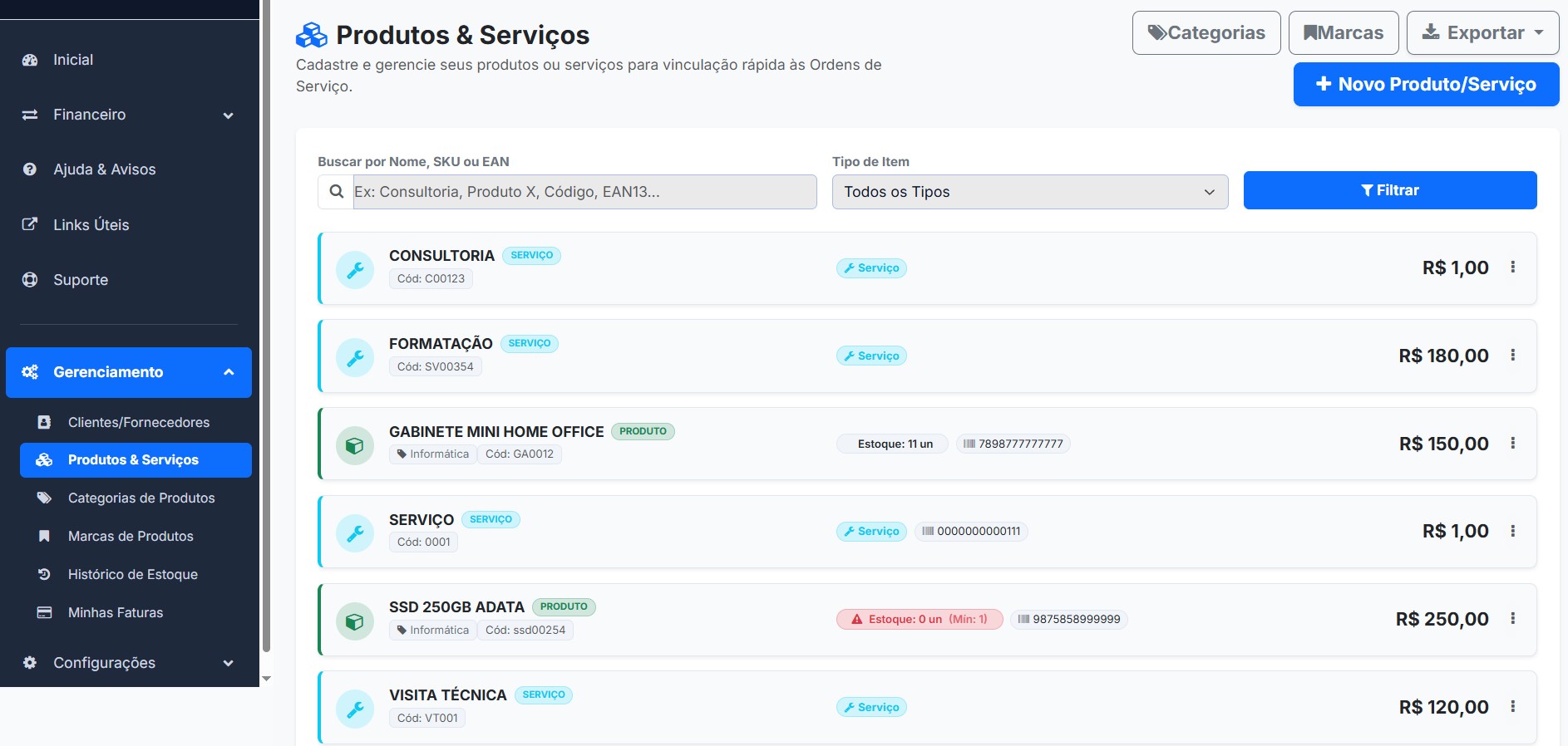 Gerenciamento de Produtos e Serviços