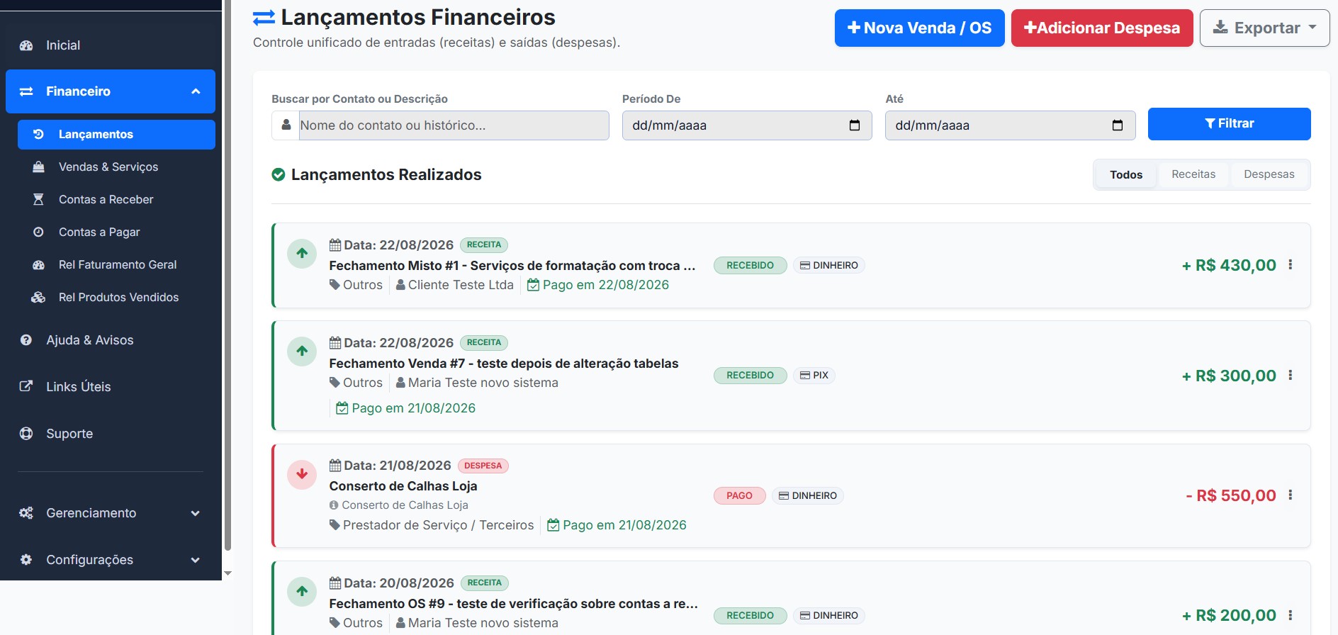Lançamentos Financeiros